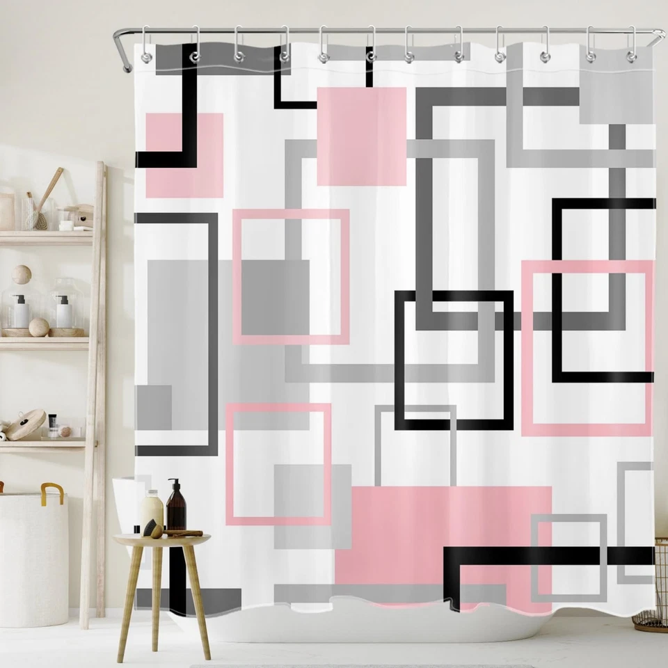 Cortina de Ducha Rosa Geométrica para Baño Blanco y Negro Moderna Geométrica S... Foto 3 de 4