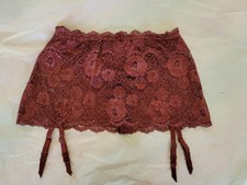 Victoria's Secret Burgundy Satin Garter Belt Skirt W/ Thong Rose Lace Small