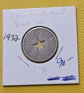1932 Carrollton & Zilwaukee Bus Line One Bus Fare Transit Token MI845N B2578