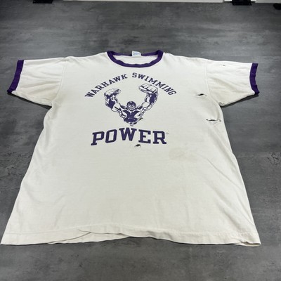 True Vintage 70s Champion T Shirt L M White Purple Ringer Gym 