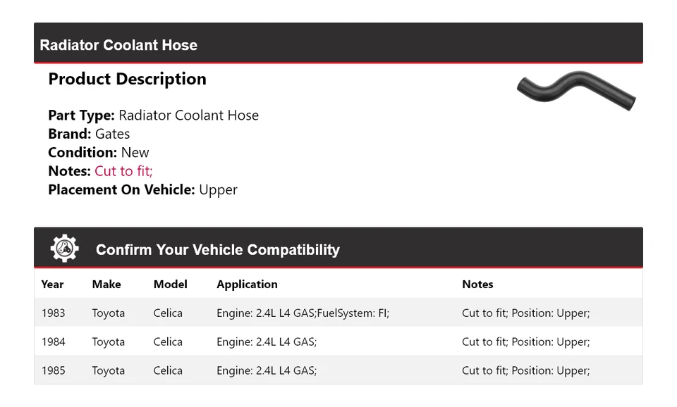 Manguera de refrigerante de radiador de gas 2,4 L L4 1983-1985 puertas superiores 1984 Foto 2 de 4