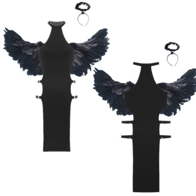 DE Damen Kleid Party Kostüm Rave Outfit Karneval Mit Feather Wings Kimono Böses