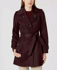 London Fog Wool Blend Womens Coat Burgundy Belted Mid Length Hooded Coat Xs $225