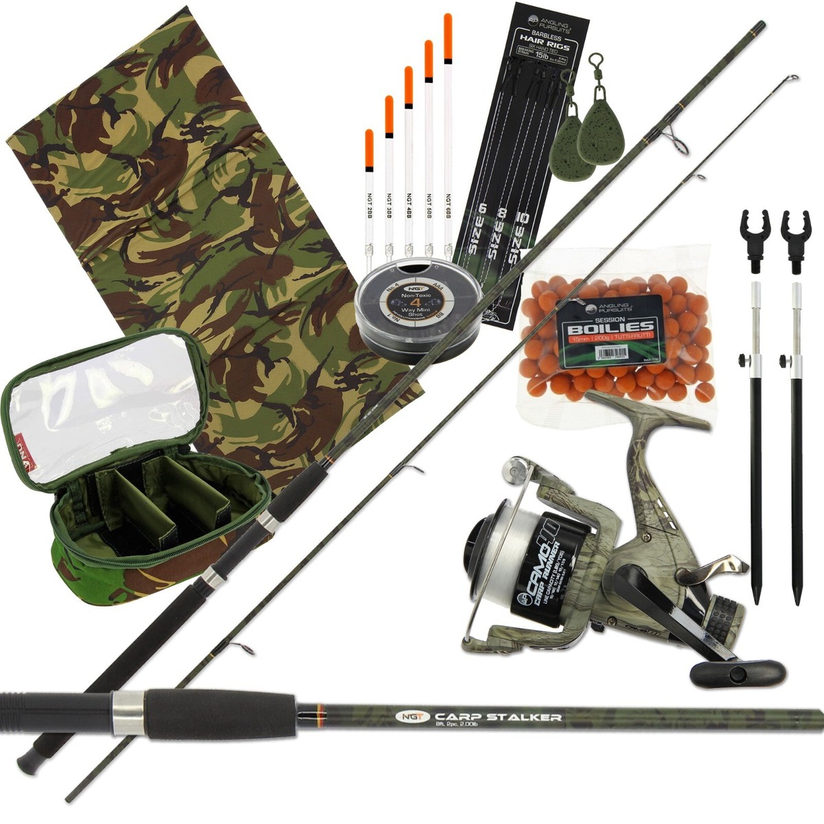 Carp Fishing Setup 8ft 2pc Camo Rod and Reel With Bait Rod Rests Mat And  Tackle