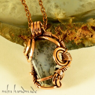 Dendritic Agate Crystal Pendant - Copper Wire Wrapped - Unique Artisan Jewelry