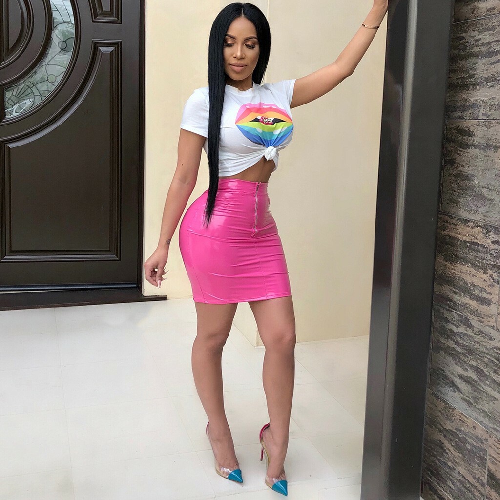 Sexy Women 2 Piece Set Cartoon Lip Print T Shirt Crop Top & Syn Leather Mini Med | eBay Sexy Women 2 Piece Set Cartoon Lip Print T Shirt Crop Top & Syn Leather Mini Med | eBay