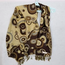 PASHMINA Scarf Geometric Circles Silk Blend ~ Brown Tan Gold 73 x 27 in.