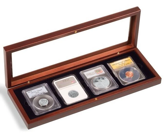 Juwaacoo Soporte Expositor De Monedas De Madera: Estante De 4 Ranuras Para Coleccionables, Medallas Y Fichas De Casino