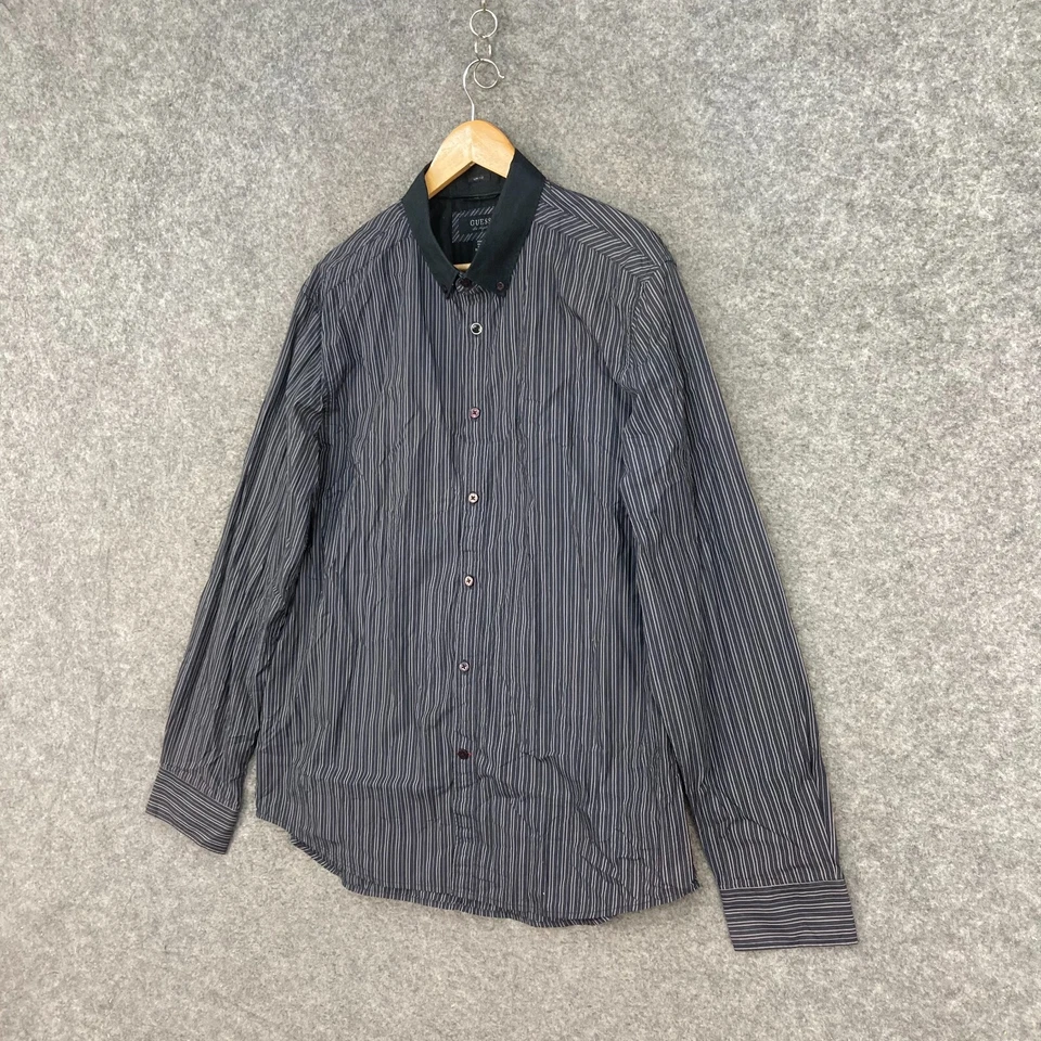 Guess Mens Shirt Size XL Grey Long Sleeve Striped Collared Button Up 33035 - Image 2 of 4