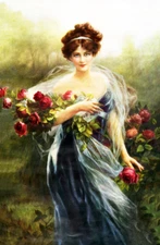 Woman in Blue Gown Bouquet of Roses Zula Kenyon Vintage art