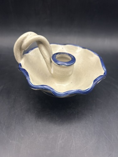 Vintage 1999 Williamsburg Pottery Candle Holder Salt Glazed Blue Leaf 4.75"W - Picture 2 of 6