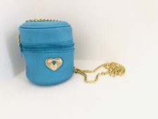 1990s Vintage Faux Leather Round Chain Bag Clutch Purse Handbag Teal Blue