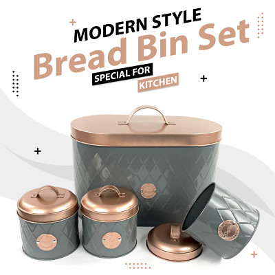 Neu Stilvoll 4 Stck Kupfer Grau Küche Aufbewahrung Set Tee Kaffee Kanister Brotkasten