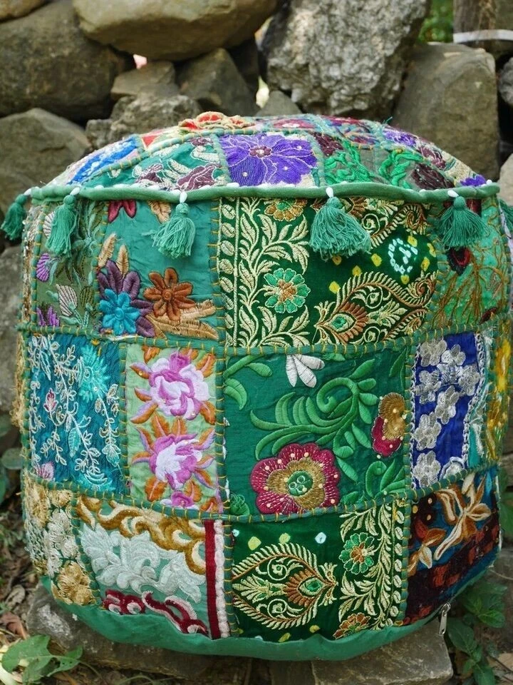 Indian Green Round Pouffe Cover Vintage Cotton Footstool Ottoman Patchwork AU - Image 4 of 4