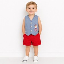 Vintage Kids Vest Blue White Nautical Seersucker Embroidered Sailor 2T