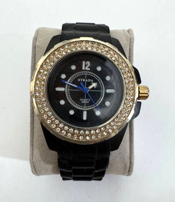 Strada Watch Quartz Japan Movement Black Silicone Strap Crystal Bezel