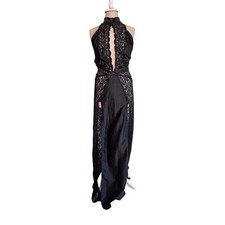 Fredericks of Hollywood Satin Lace Halter Maxi Dress Slip Lingerie Sz Xl Goth