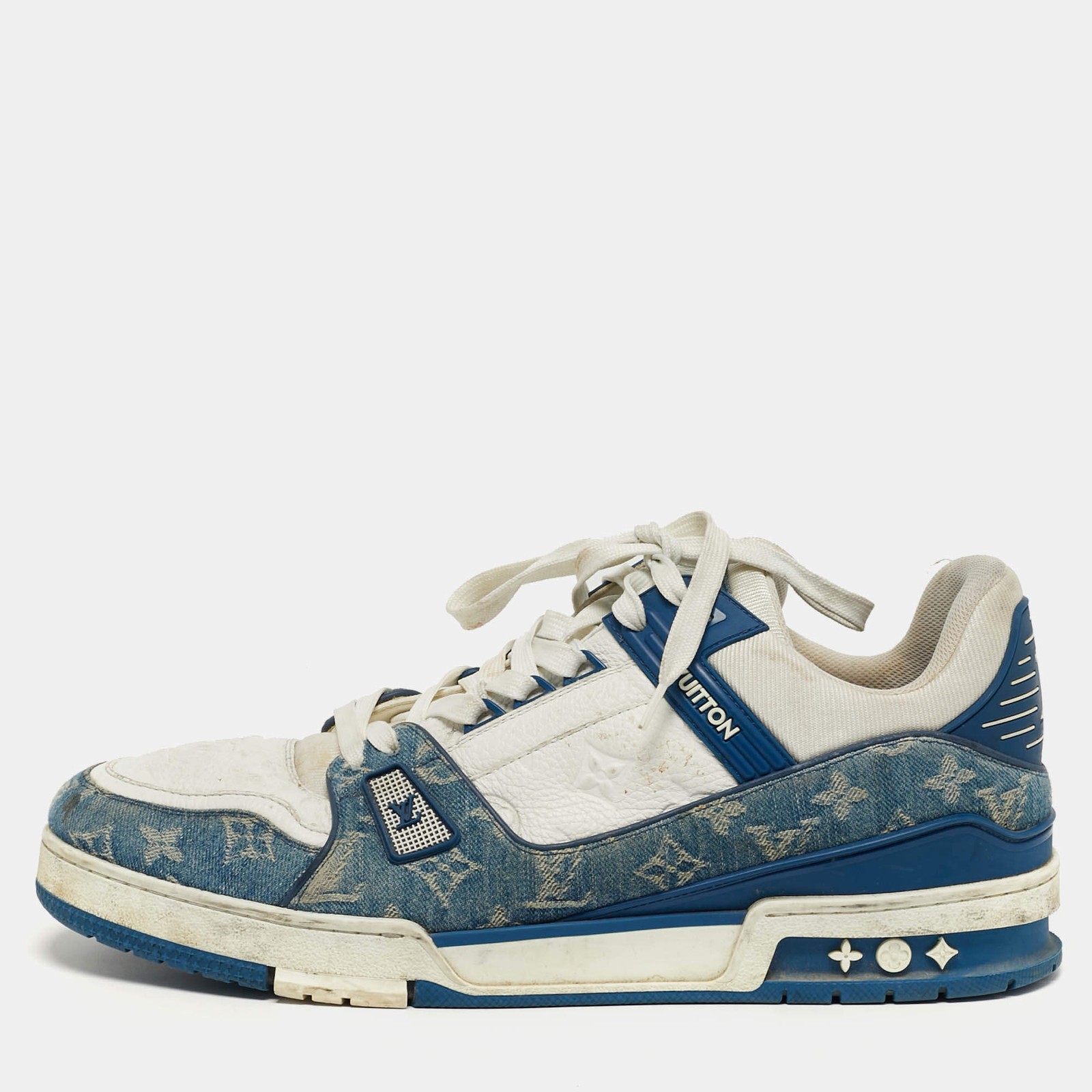Louis Vuitton LV Trainer Size 46 White Denim and Leather Lace Up Sneakers