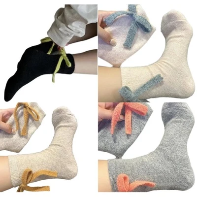 Middle Tube Crew Socks with Cute Bows for Women Solid Color Faux Wool Crew Socks - Image 1 of 4