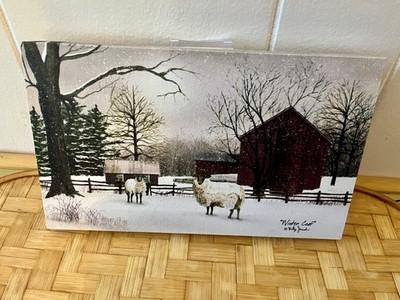 Small Canvas Wall Hang Picture On Wood Sheep Barn Snow Farm Animal Country Scene