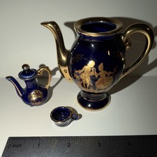 Vintage Limoges France Miniature Cobalt Blue Gold Tea Set Teapot  Cup