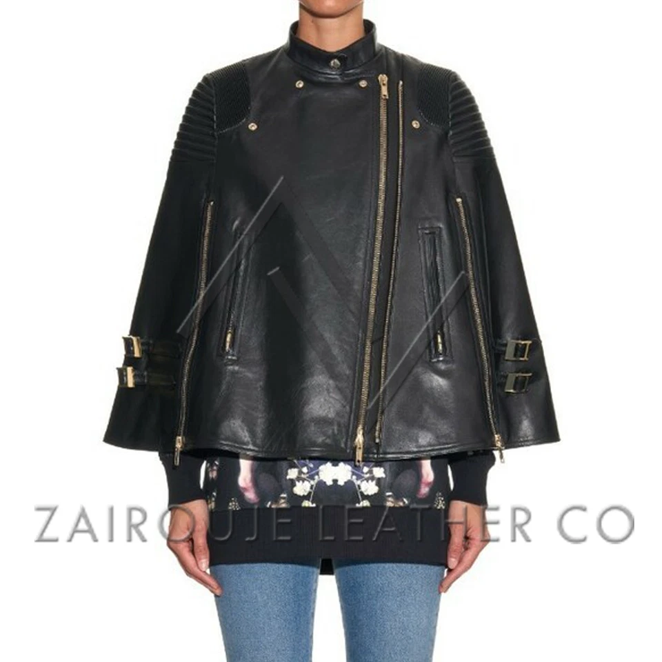 Chaqueta con Capa de Cuero Negra para Mujer, Poncho Estilo Moto con Cremallera y Hebilla Dorada Foto 3 de 4