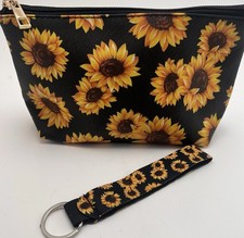 Cottage Core Sunflower Cosmetics Bag With Matching Key Fob Wristlet Boho Floral