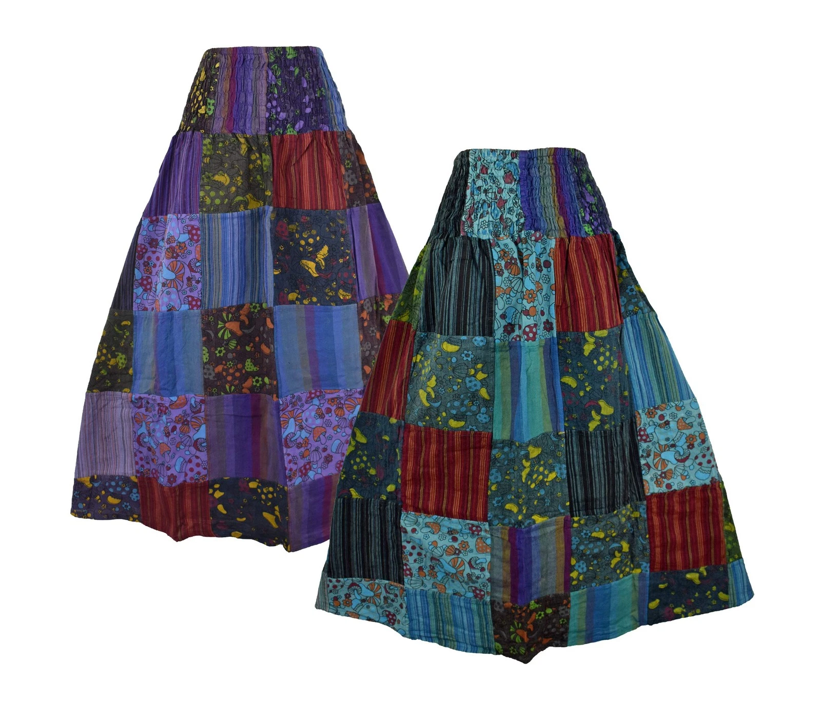 New Fair Trade Patchwork Mushroom Print Skirt 8 10 12 14 16 18 20 22 Hippy Boho