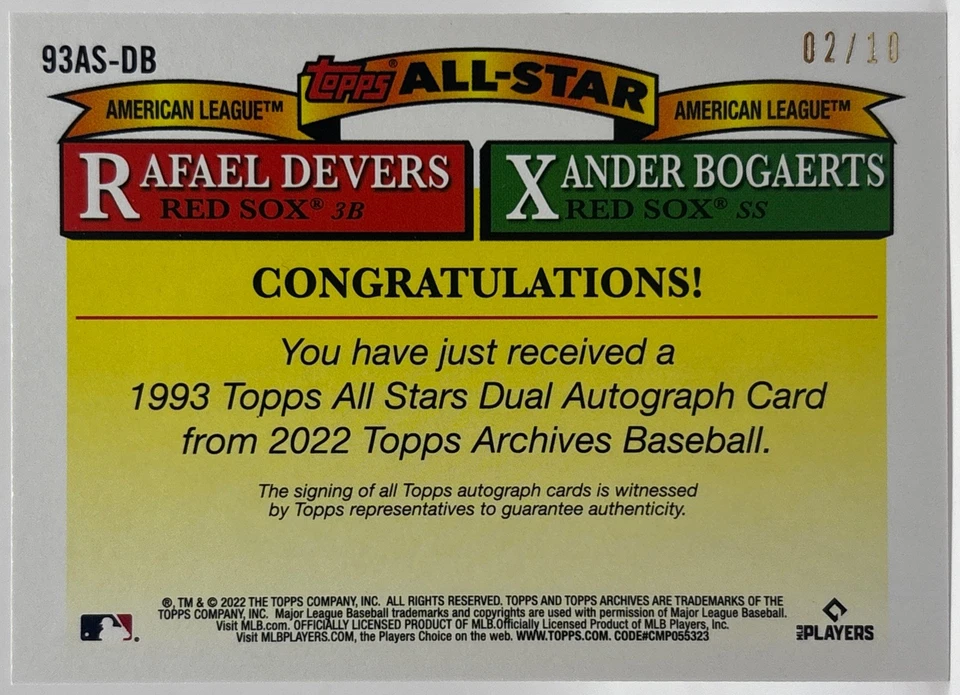 Topps Archives 2022 - Rafael Devers Xander Bogaerts Medias Rojas Color Match Auto/10 Foto 2 de 2