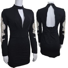 Bebe Vtg Y2K Black Mini Dress S Plunge Neck Sheer Sleeve Rhinestones Open Back