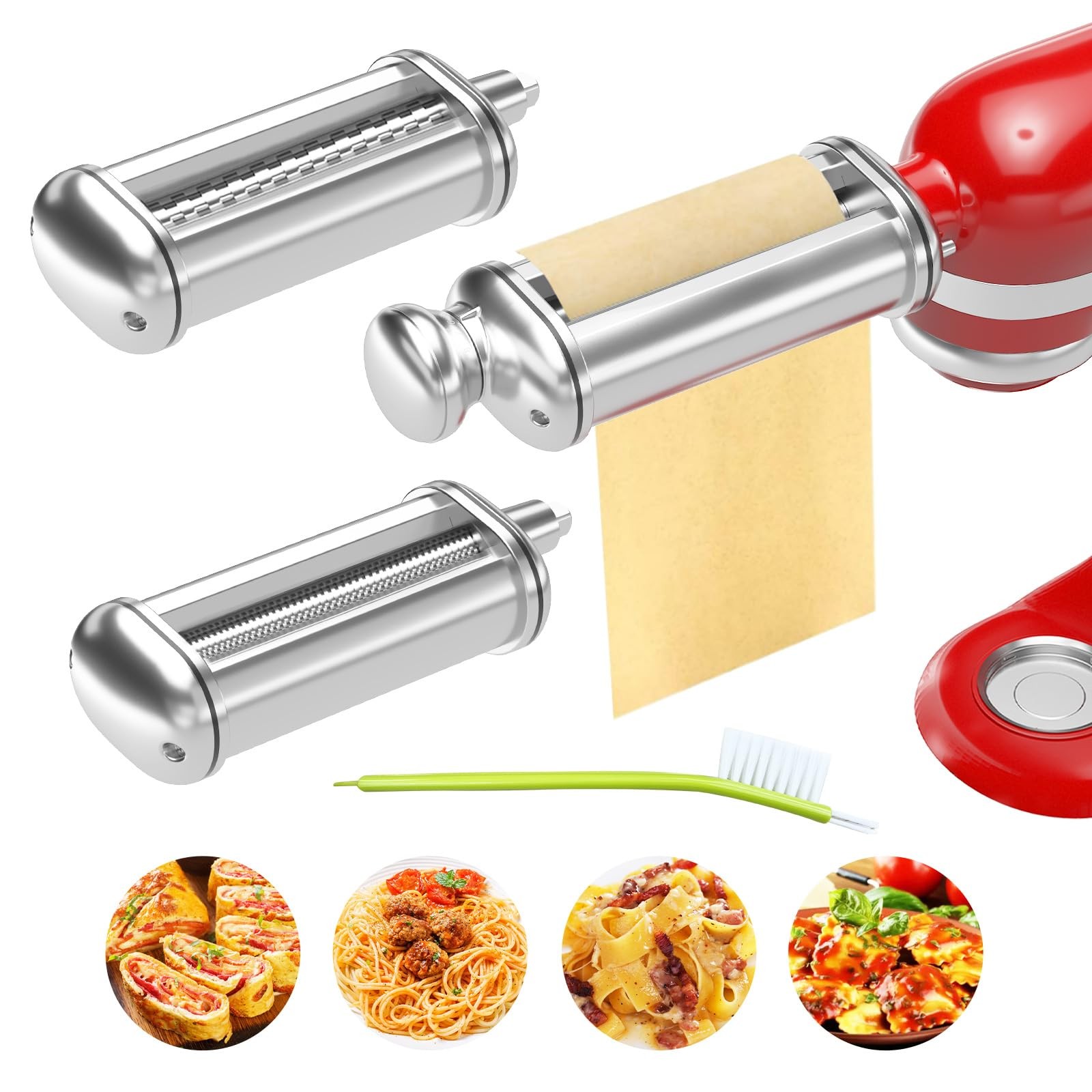 3PCS Pasta Maker Attachment for All 3-Piece Set (Roller & Cutters), Silver