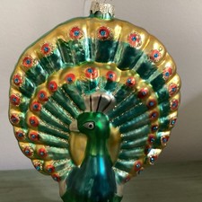 PEACOCK HOLIDAY CHRISTMAS ORNAMENT Blown Glass GREEN GOLD BLUE Glitter Accents