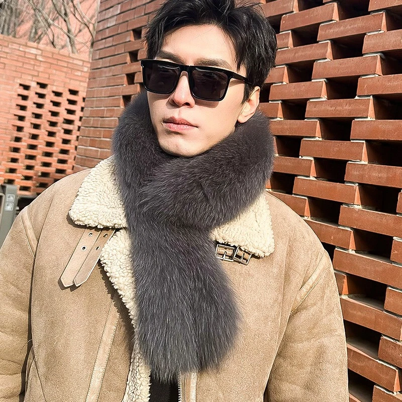 Bufanda de piel de zorro real para hombre pañuelo cálido bufandas chal cuello largo envoltura estola Foto 2 de 4