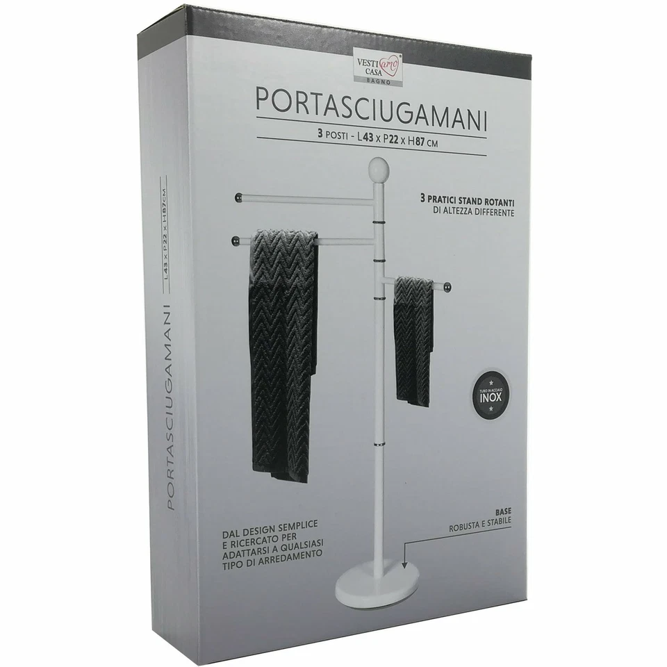 PIANTANA PORTASCIUGAMANI ACCIAIO BIANCO 3 BRACCI ORIENTABILI PORTA ASCIUGAMANI  - Immagine 3 di 4