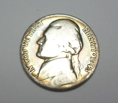 1943-S Jefferson Nickel .5 Cents USA Circulated Coin Good Orange Blue &Red Tone