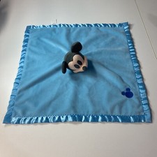 Disney MICKEY MOUSE Baby Lovey Security Blanket Plush Soft Blue Satin Edge Trim