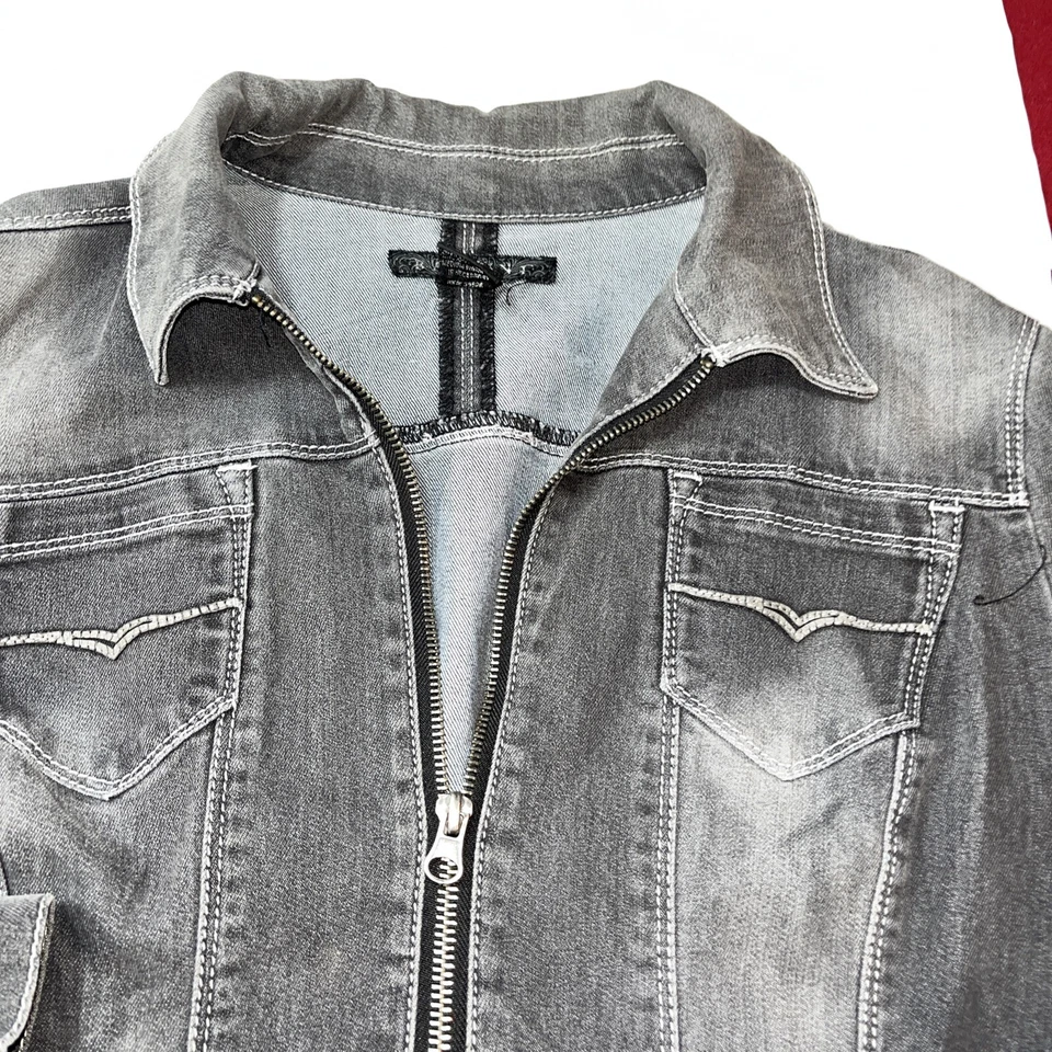 L BACCINI GRIS JEAN Chaqueta Elástica Denim Recortada Cremallera Puño Moto Desteñido LRG Foto 4 de 4