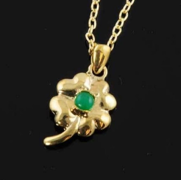 CADENA COLGANTE TRÉBOL 4 HOJAS ORO DE 14 KT. LAMINADO  Y GENUINO JADE