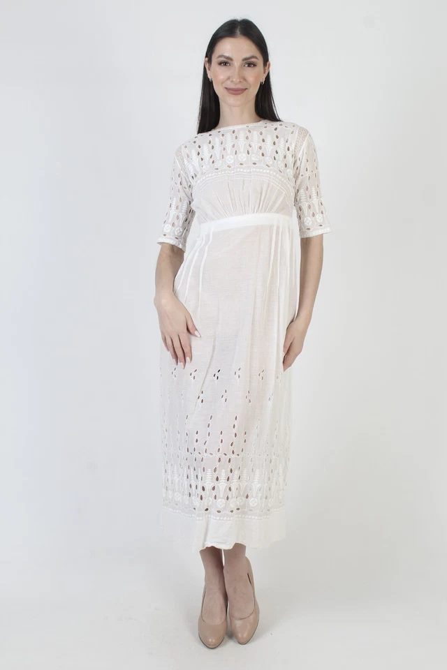 Vintage 1900s Edwardian Dress 20s Cotton Embroidered Eyelet Victorian Tea Gown - Image 3 of 4