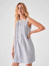 Brand New Faherty Isha Linen Dress Blue Mini Stripe