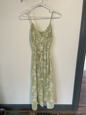 Sienna Sky Midi Dress Green & White Floral Tie Waist Front Slit Small | eBay