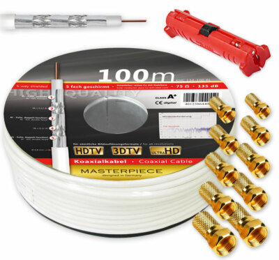Sat Kabel 100m 135dB Klasse A+ Koaxialkabel Antennen Kabel HD + Abisolierer