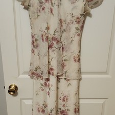 Jessica Howard Floral Chiffon Dress  Jacket Set Size 14 Beige Pink Green