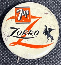 Walt Disney Zorro 1957 7-Up Pinback Pulsante Disney TV Promo Rara Pubblicità