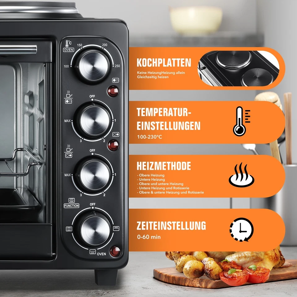 Mini Backofen 2in1 mit Doppel-Kochplatte 36L Umluft Drehspieß Timer Pizzaofen DE - Bild 2 von 4