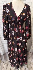 Gap Smocked Black & Pink FLoral V-Neck Maxi Dress with Slit Size Small