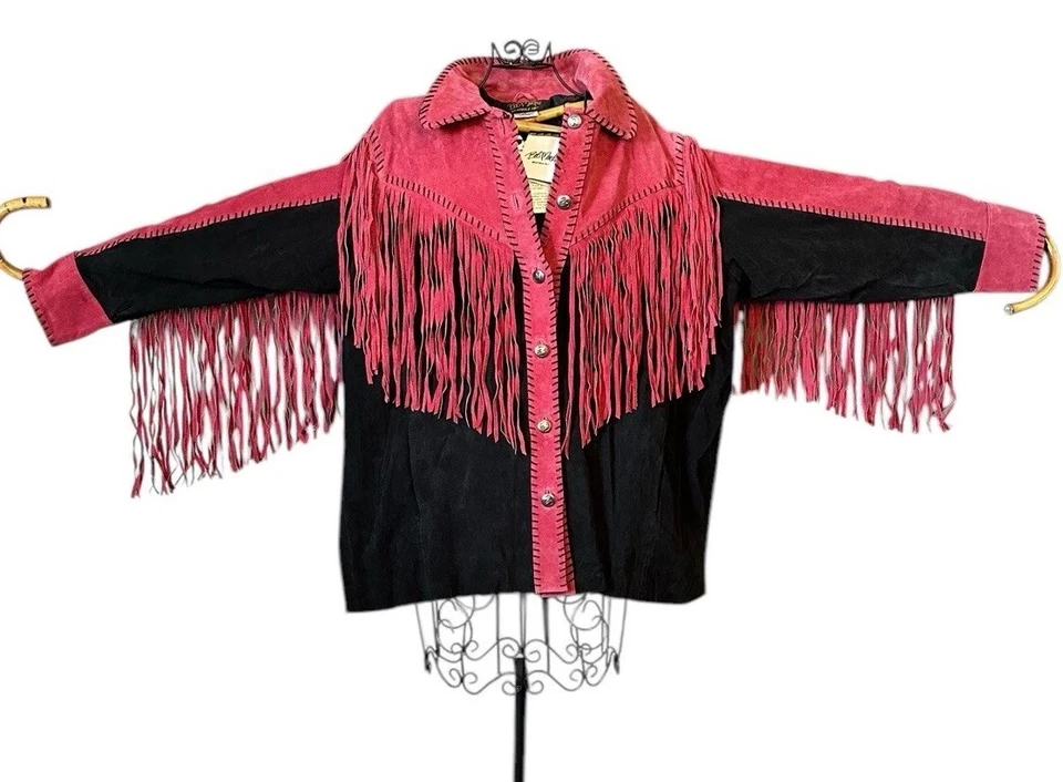 Bob Mackie Usable Arte Flecos Gamuza Cuero Negro Rosa Talla 1X Nuevo con Etiquetas