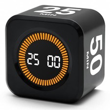 Rotating Productivity Timer 5, 25, 10, 50 Minutes Preset, Desk Cube Black