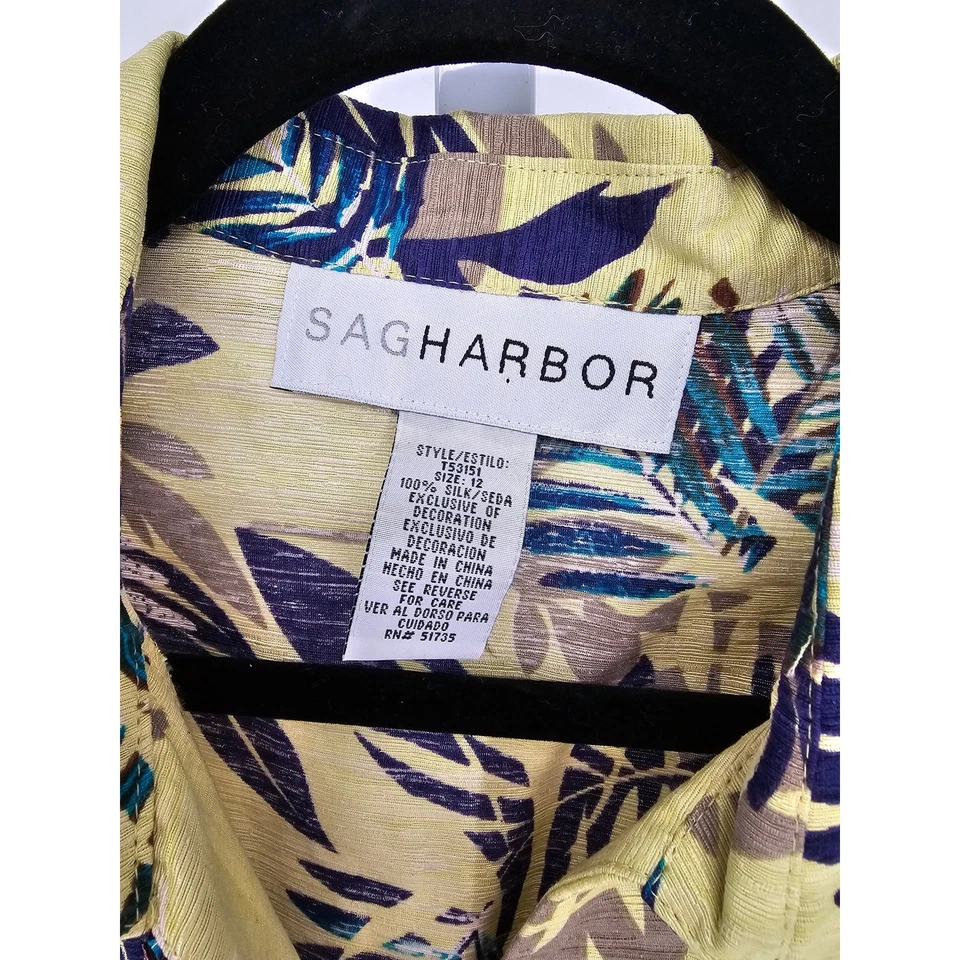Blusa Sag Harbor Mujer Talla 12 100% Seda Abotonada Amarillo Azul Estampado Hoja de Palma Foto 3 de 4