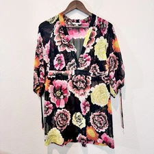 Cabi Floral Boho Sheer Tunic Top M Pink Black Peasant Blouse V-Neck Flowing